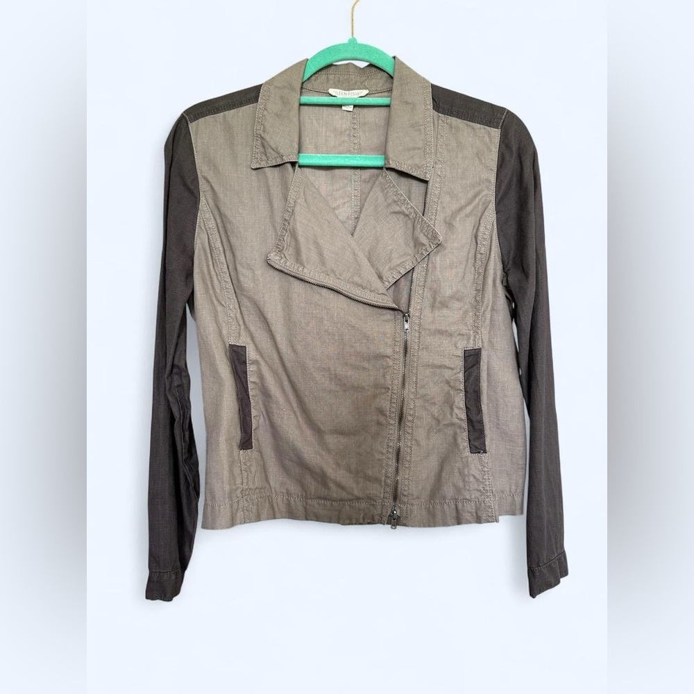 Eileen Fisher 100% organic cotton Brown and tan moto jacket Medium Petite